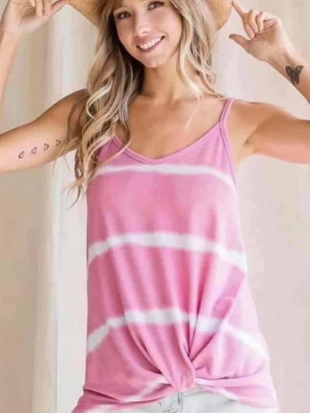 7th Ray Pink & White Striped Tie-Front Tank